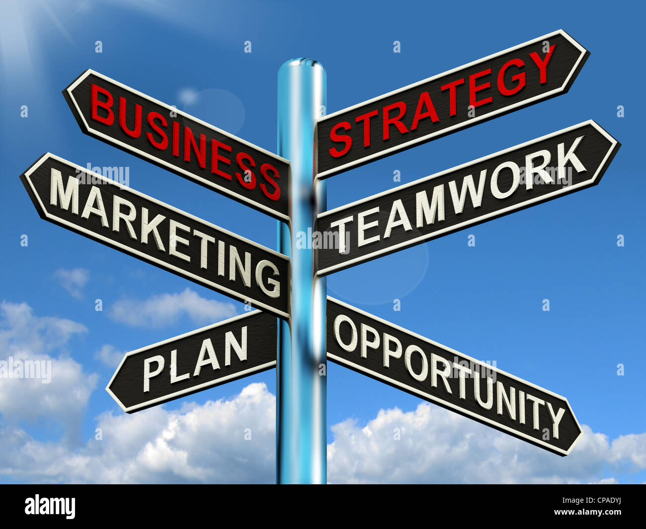 Business Strategy Signpost Showing Teamwork Marketing And Plan Stock