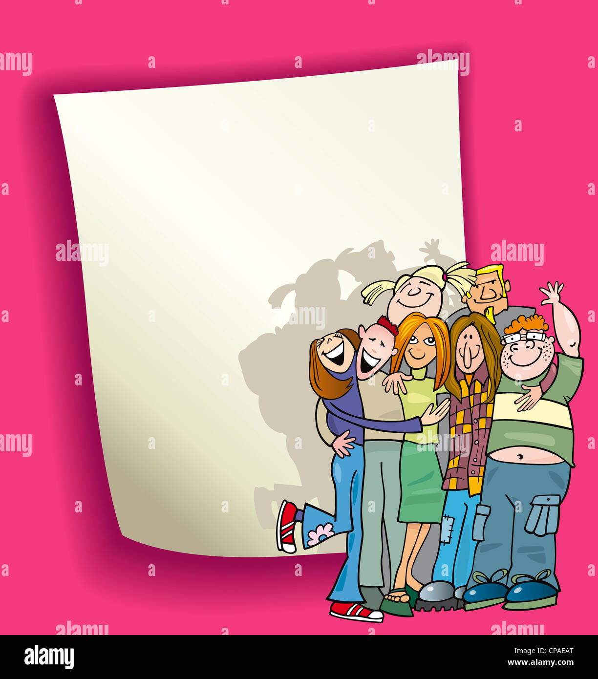 cartoon design illustration with blank page and funny teenagers group ...