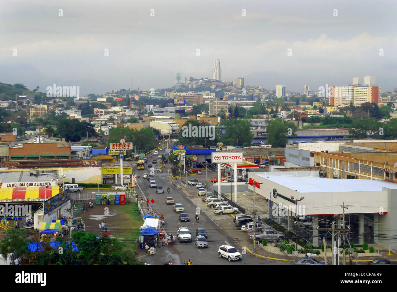 Honduras Tegucigalpa city street in hectic traffic aerial view of urban