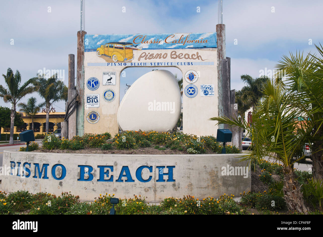USA, California, Pismo Beach. Sign at entrance to town commemorating the native Pismo clam and