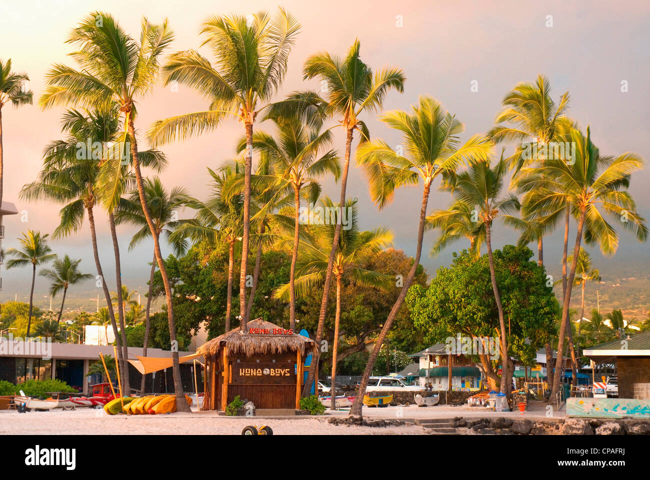 Hawaii, Big Island, KonaKailua. Beach shack and kayaks outside the