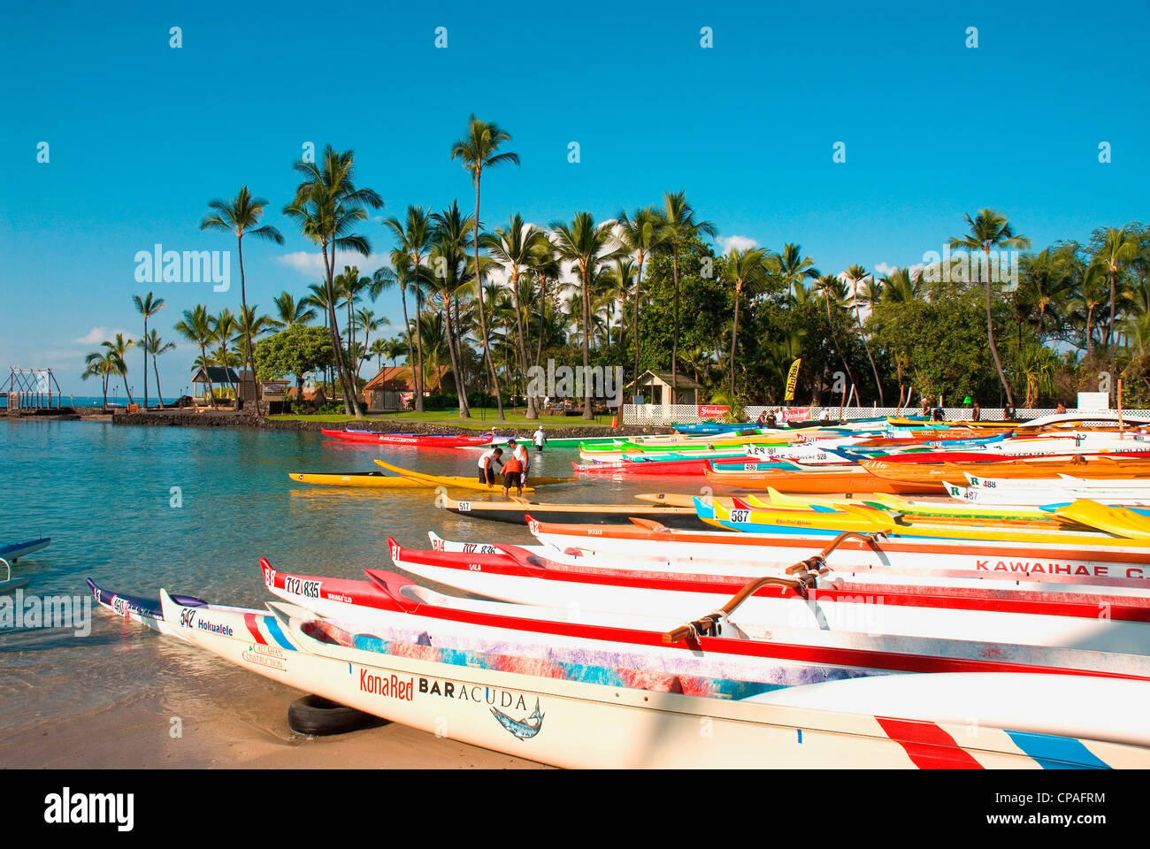 Hawaii, Big Island, KonaKailua. Outrigger canoes in the cove at the King Kamehameha Hotel Stock