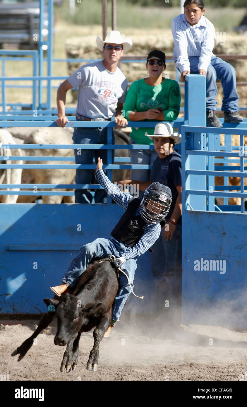 USA, Idaho, Fort Hall. Young boy taking part in the steer riding event