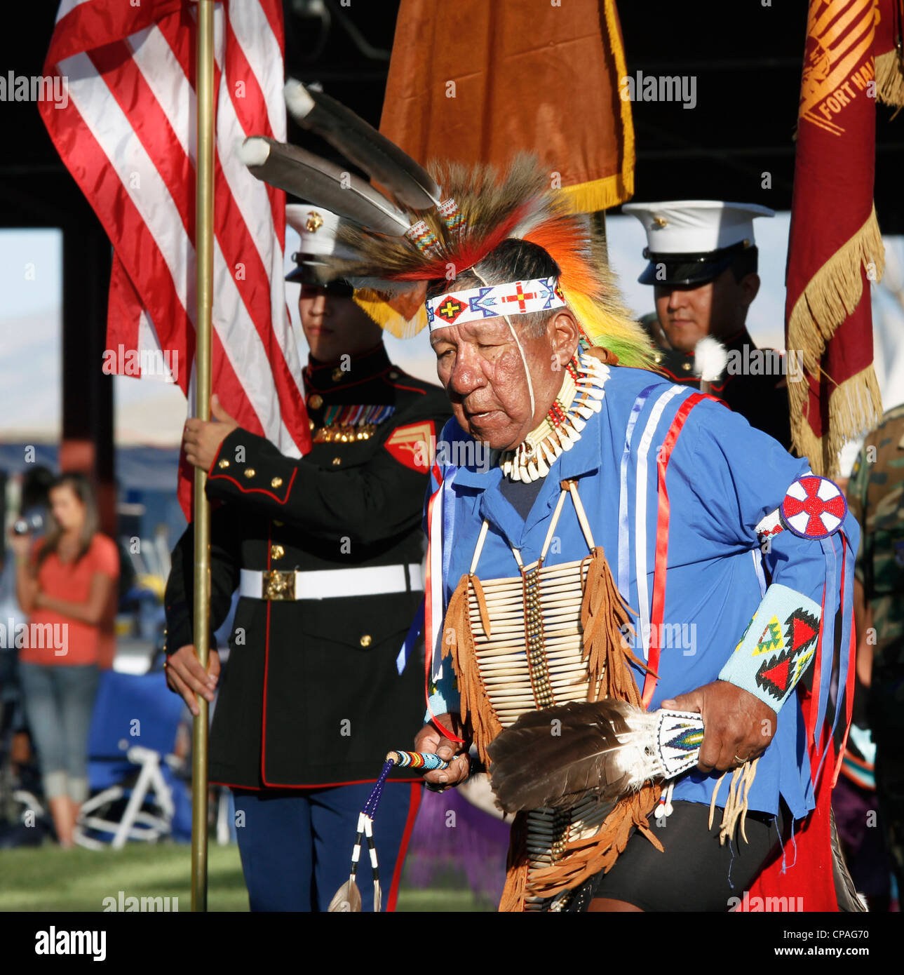 USA, Idaho, Fort Hall. Honor guard and traditional dancer leading the Grand Entry of a powwow,Shoshone-Bannock Festival Stock Photo