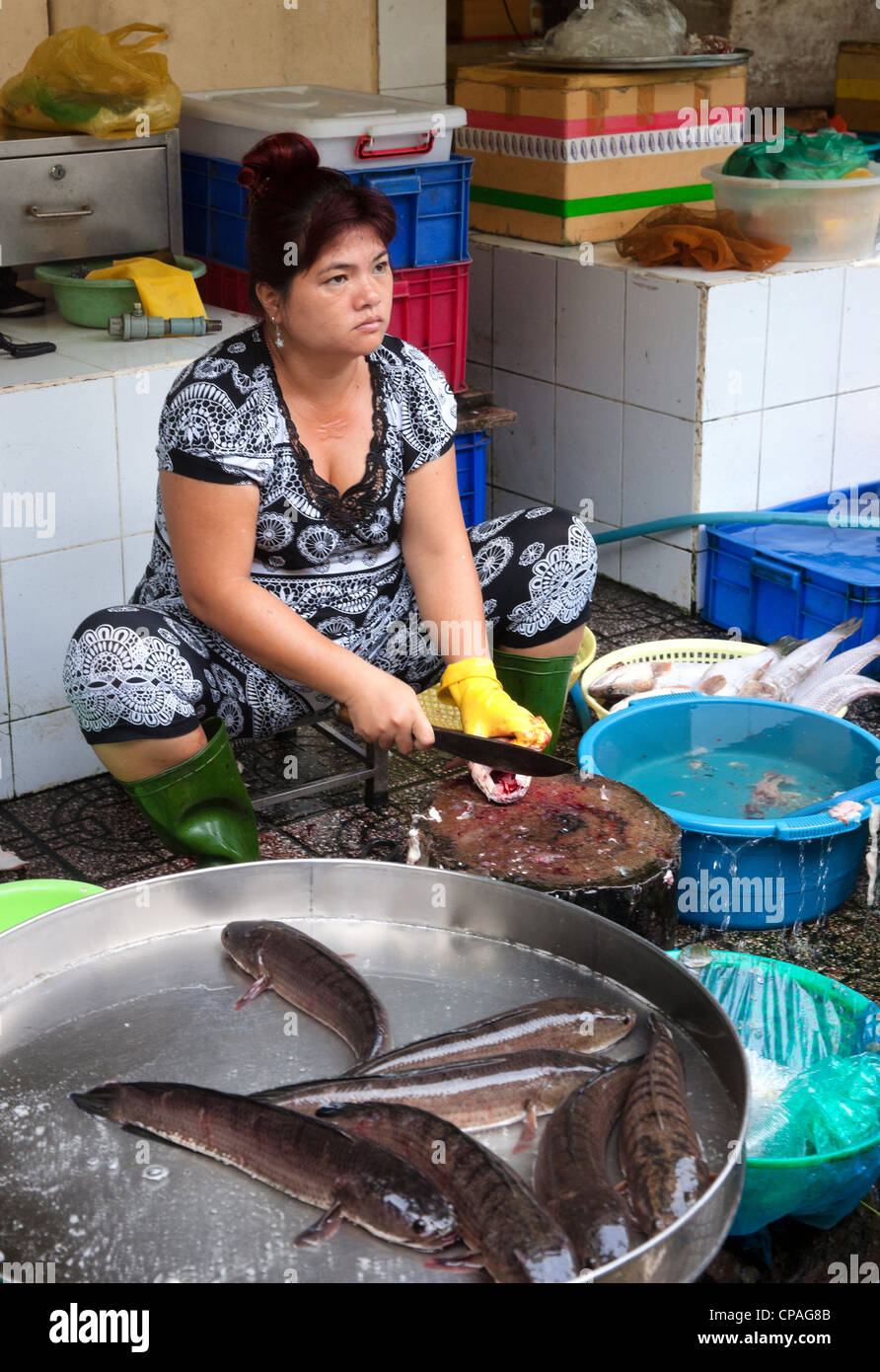 Woman cleaning fish; as, Brazil, Woman cleaning fish;…