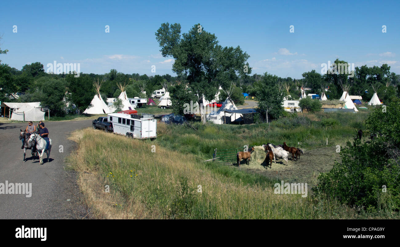USA, Montana, Crow Agency. Teepee encampment. Besides the permanently