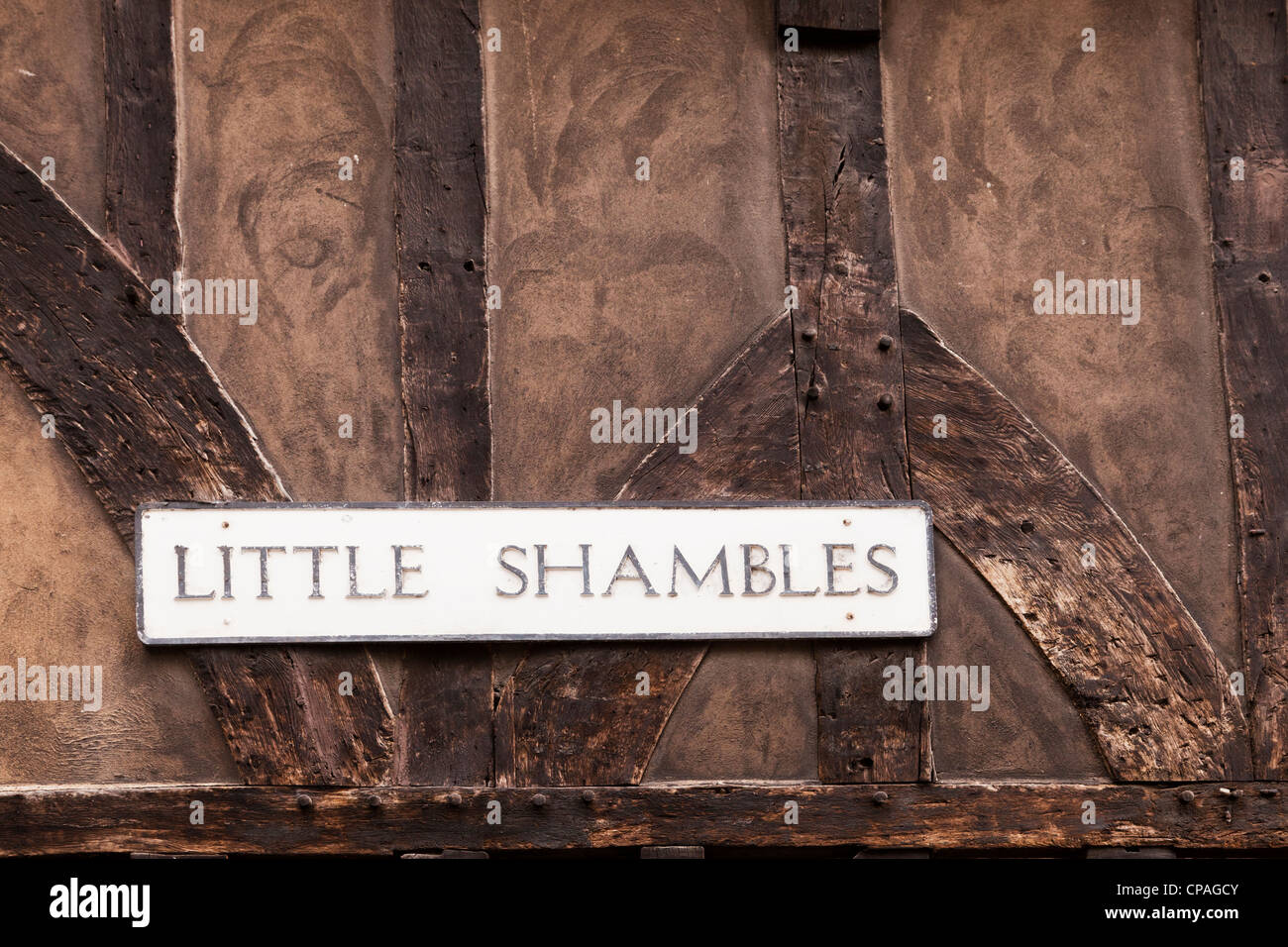 Street sign Little Shambles on an old half timbered building in York, England. Stock Photo