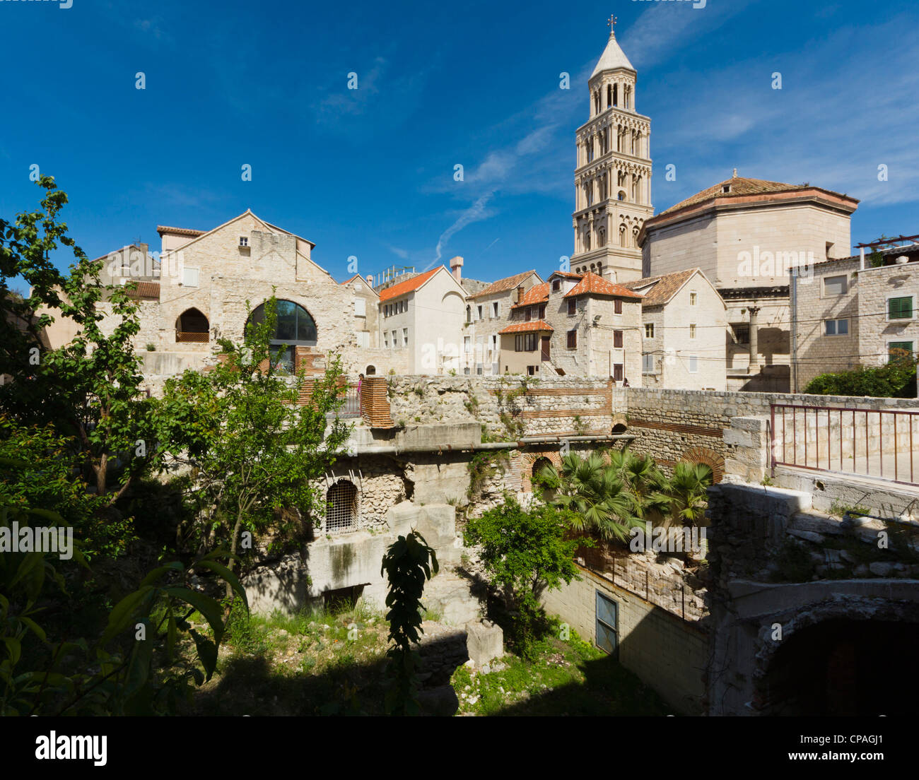 Split, Dalmatian coast of Croatia - ruins of Roman Emperor Diocletian's Palace, old walled heart of city. Cathedral campanile. Stock Photo