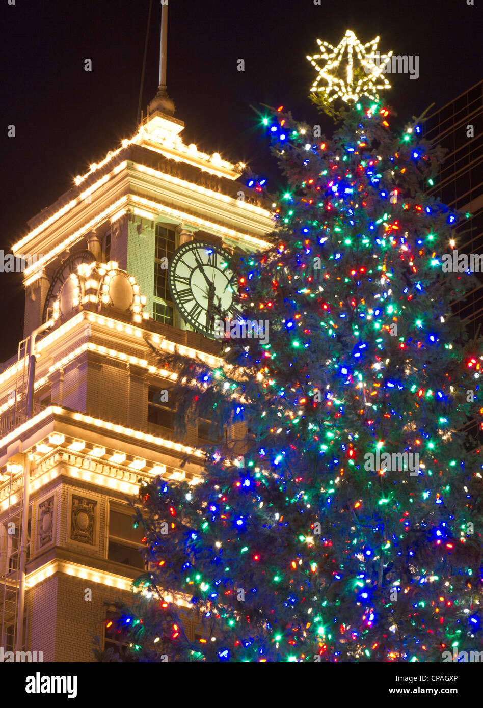 Christmas tree and clock tower, Portland, Oregon Stock Photo Alamy