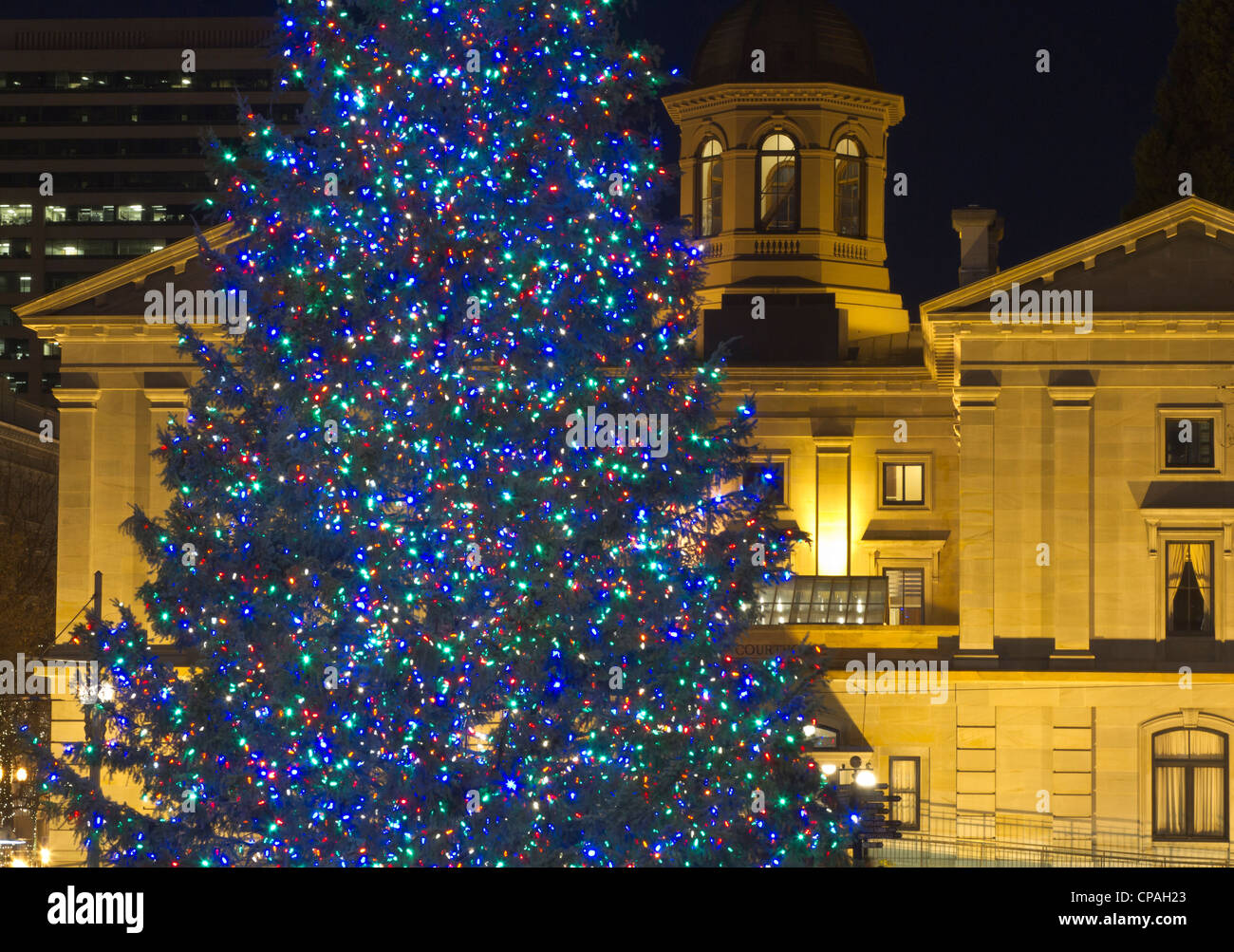 Christmas tree in front of Pioneer Courthouse, Portland, Oregon Stock Photo