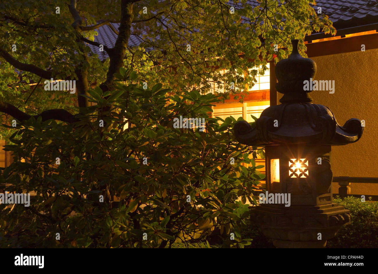 Stone lantern illuminated with candles, Portland Japanese Garden