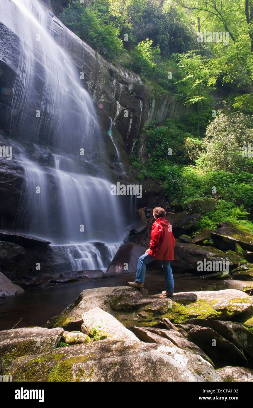 USA, TN. Hiker admires Falls Branch Falls in Cherokee National Forest