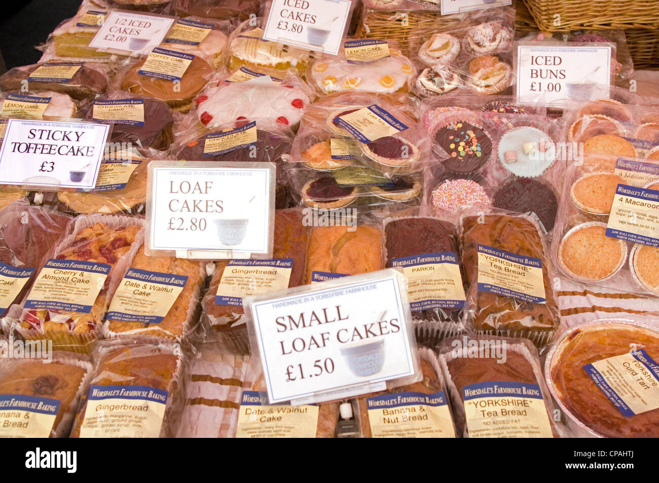 Assorted cakes on sale at Stokesley Farmers Market, North Yorkshire