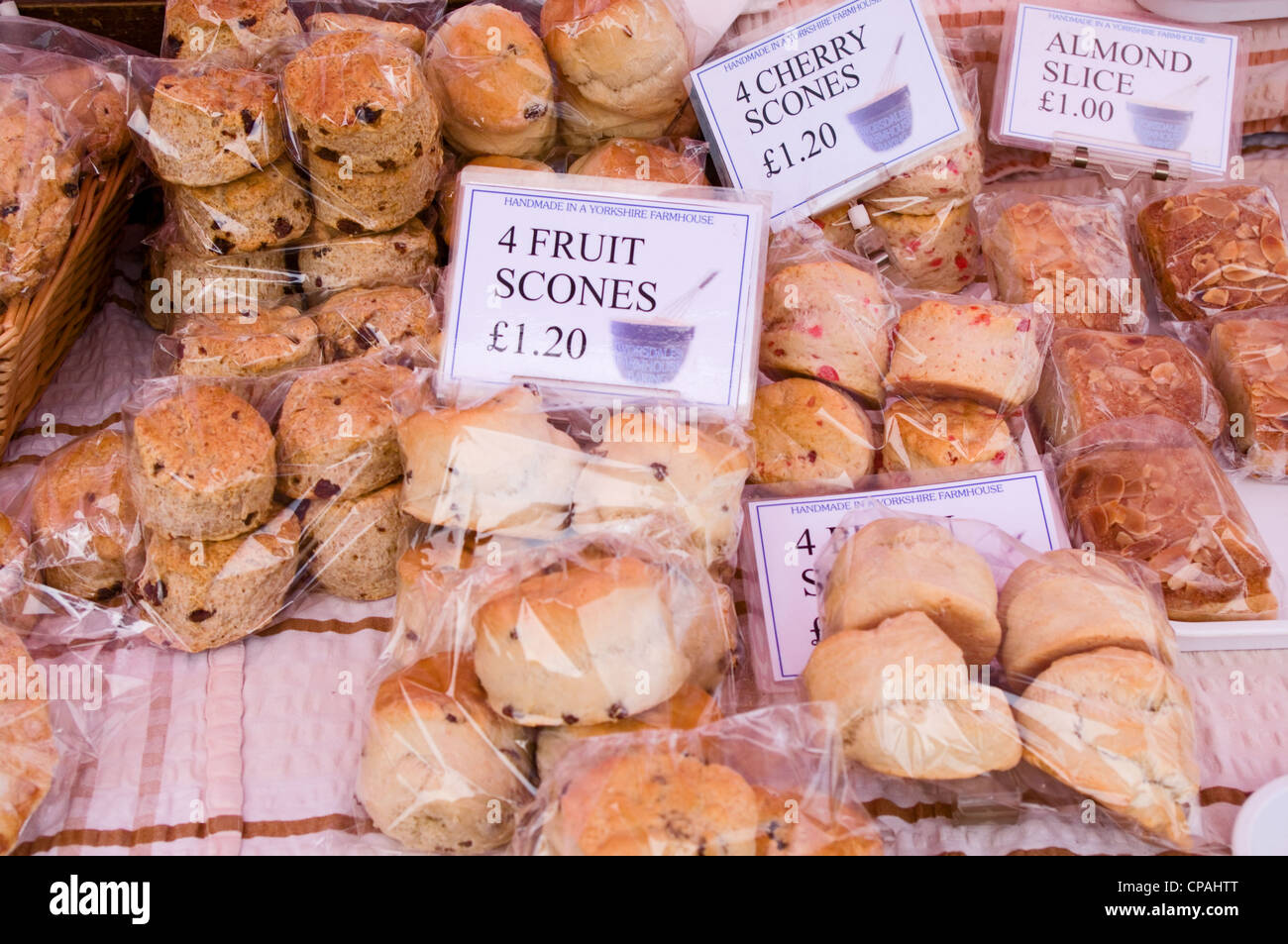Packets of scones on sale at Stokesley Farmers Market, Stokesley, North