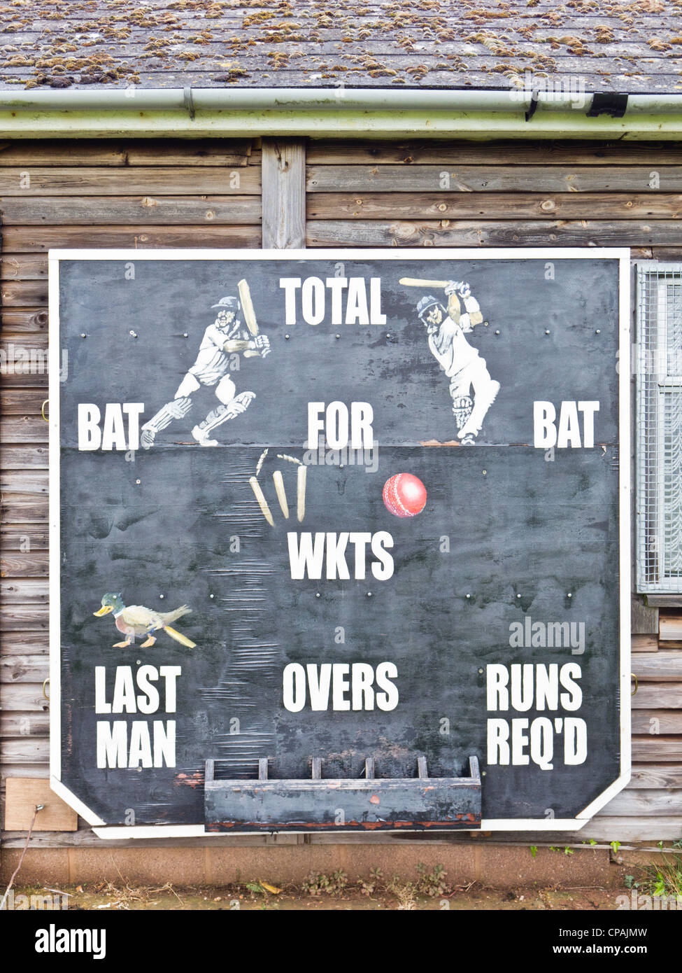 Cricket scoreboard on local clubhouse. Stock Photo
