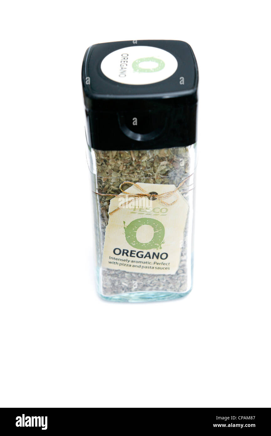 A bottle of Tesco oregano used for seasoning & flavouring but also has