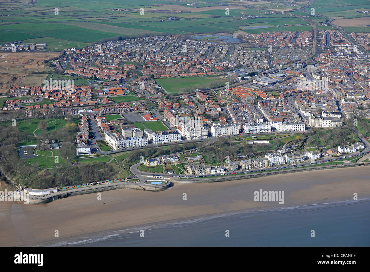 Aerial View of Filey From the Sea Stock Photo