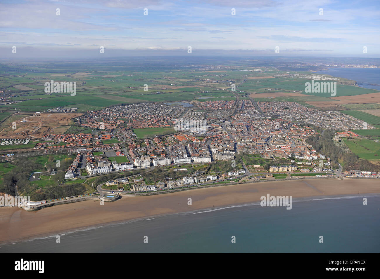 Aerial View of Filey from the Sea. Stock Photo