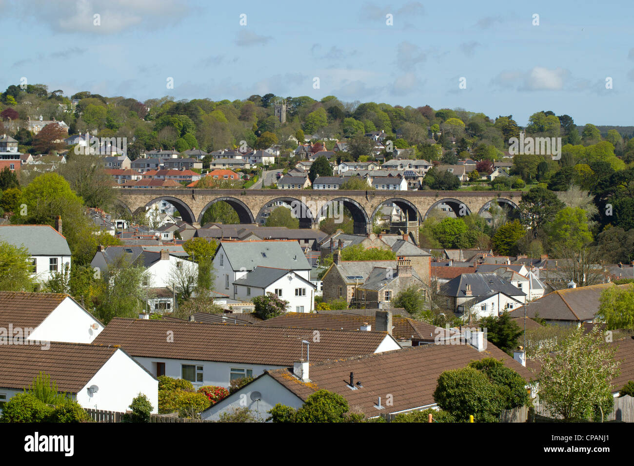 Truro railway viaduct and houses looking from Redannick Lane.  Cornwall UK. Stock Photo