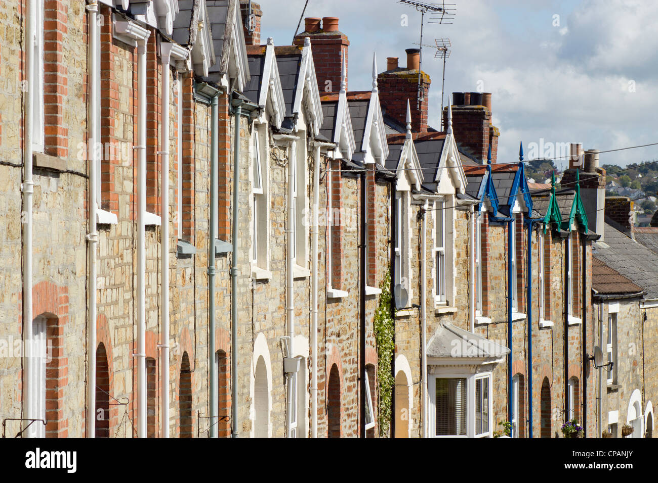 Row of terraced houses close up, Albert Place in Truro UK. Stock Photo