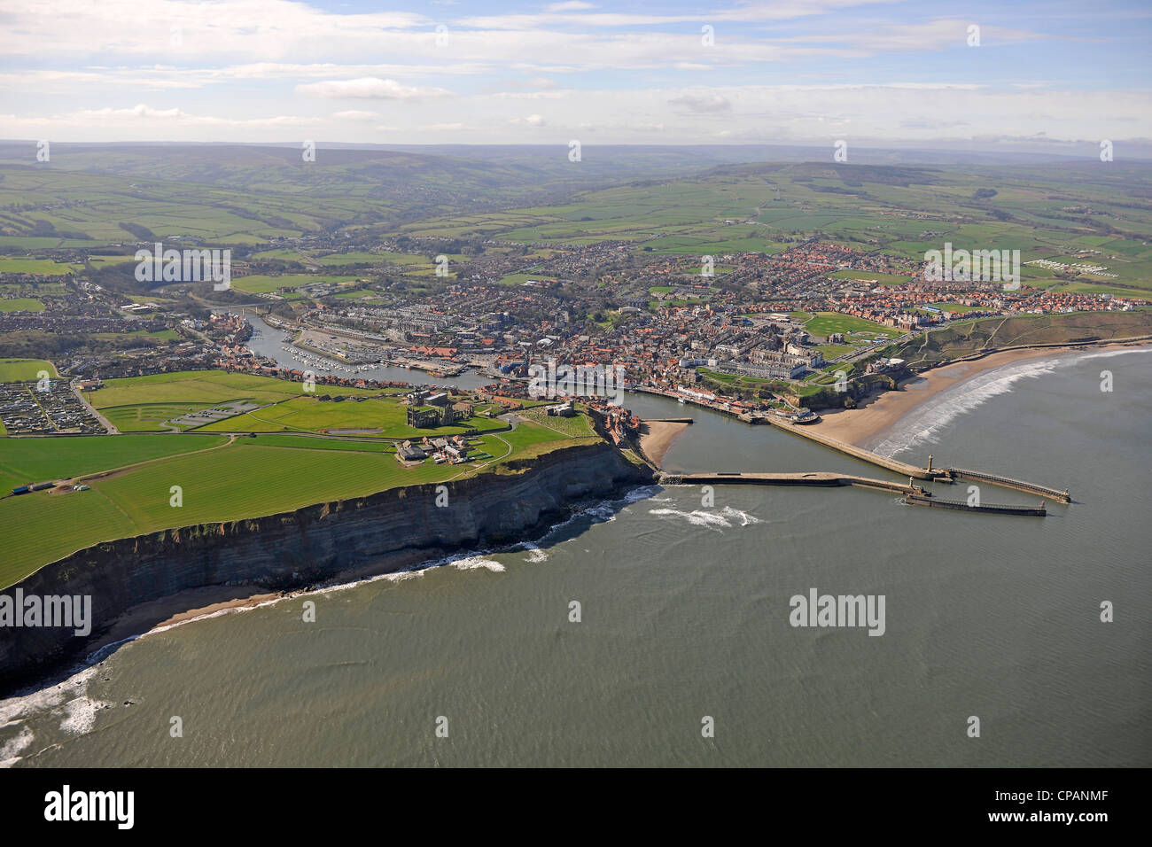 Aerial View of Whitby looking in from the sea. Stock Photo
