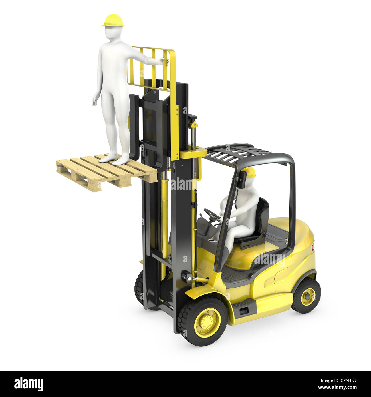 Abstract white man in a fork lift truck, lifting other worker on a fork, isolated on white background Stock Photo