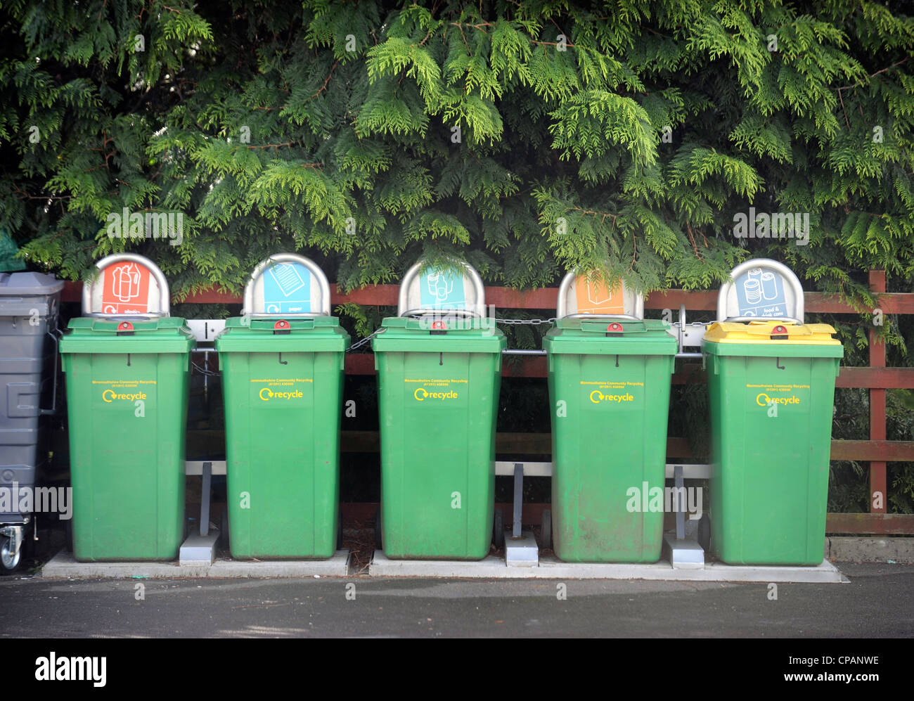 A row of green recycling bins UK Stock Photo Alamy