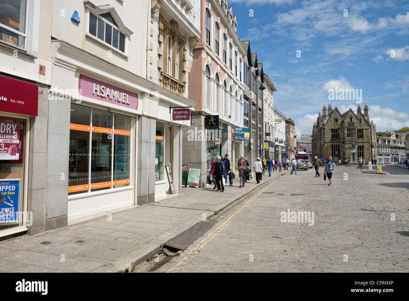 Truro Boscawen Street shops and cobblestone road.  Cornwall UK. Stock Photo