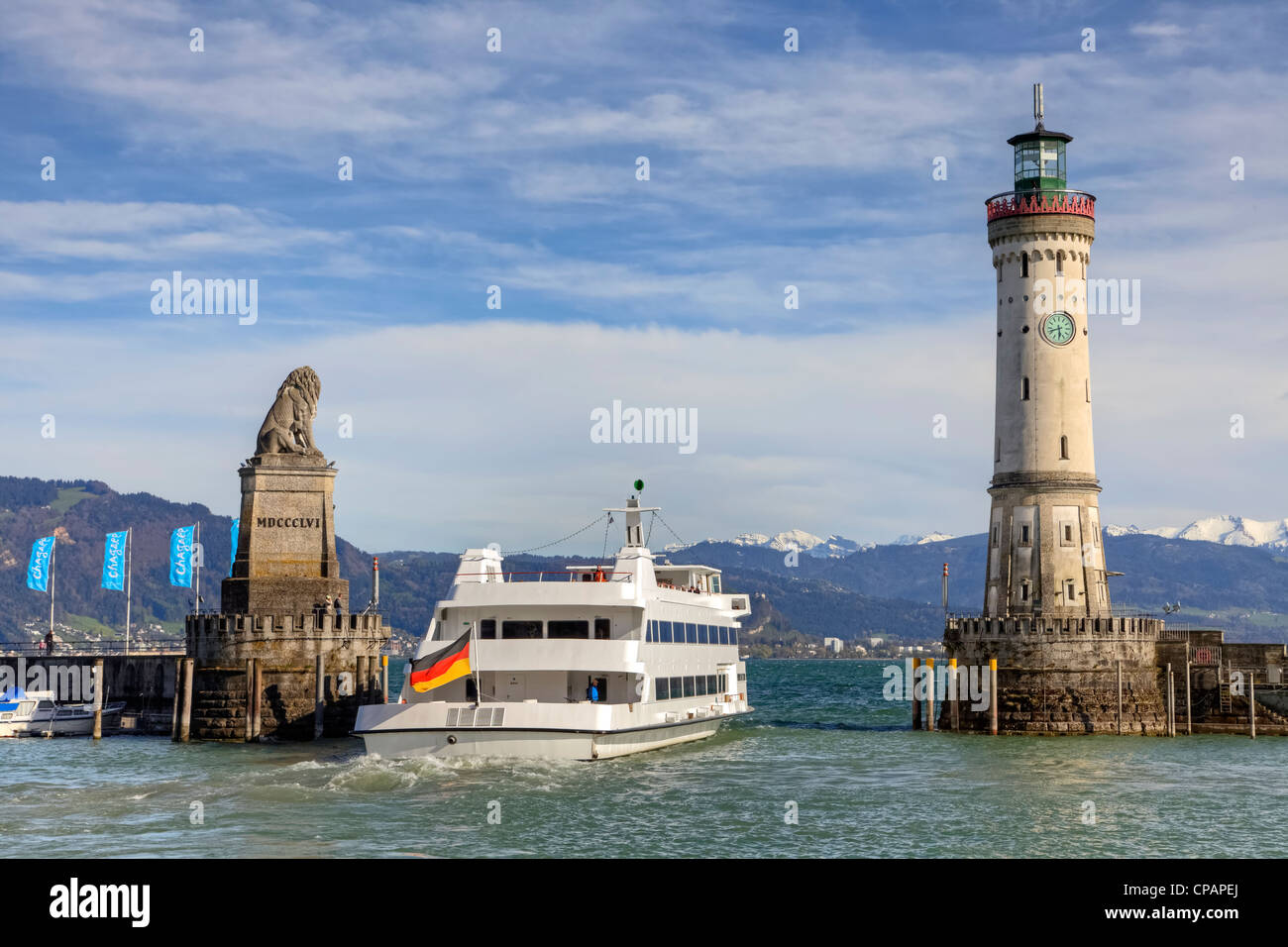 ship in the harbor of Lindau, Bavaria, Lake Constance Stock Photo