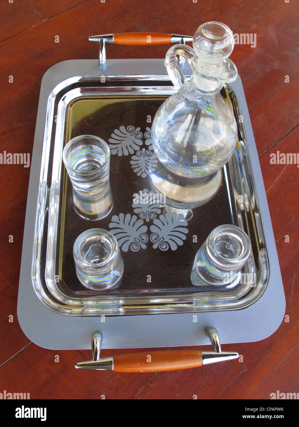 Tray of Tsikoudia (Raki)  Maza Village, Crete, Greece Stock Photo