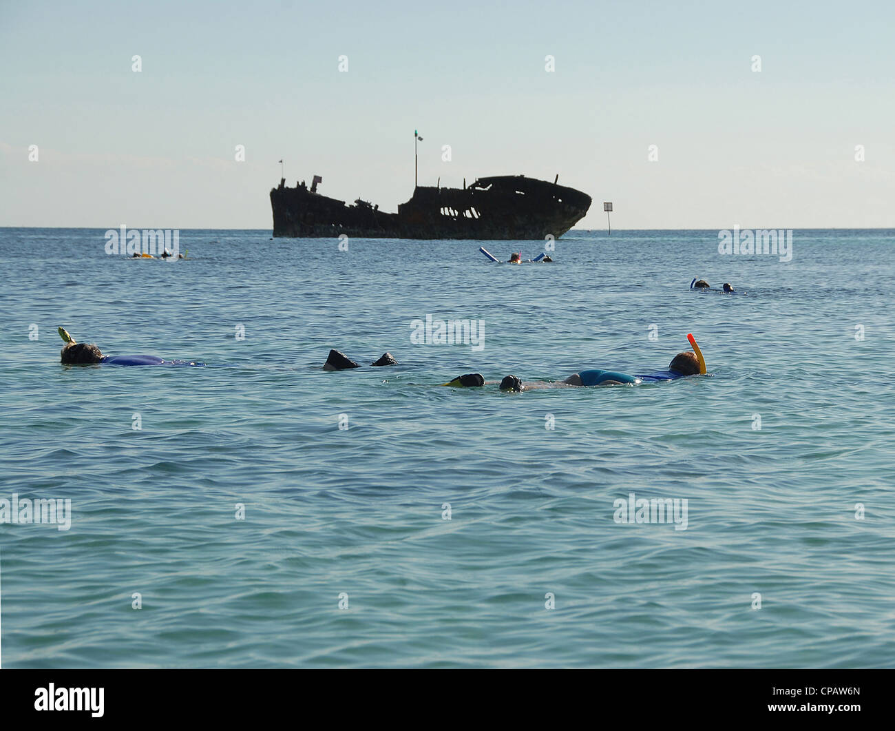 Snorklers in front of the wreck of the Protector at Heron Island of Queensland's southern Great Barrier Reef, Australia Stock Photo