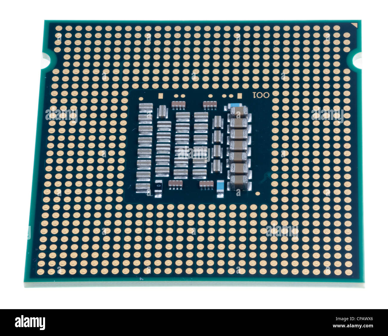 Inside of computer CPU chip isolated against white Stock Photo
