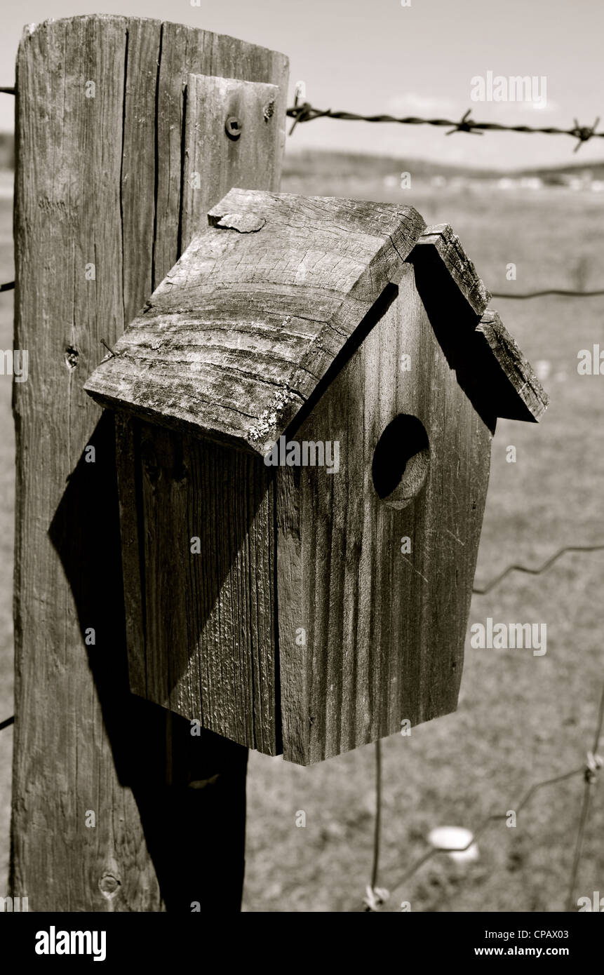 Wooden bird house on a barbwire fence. Stock Photo