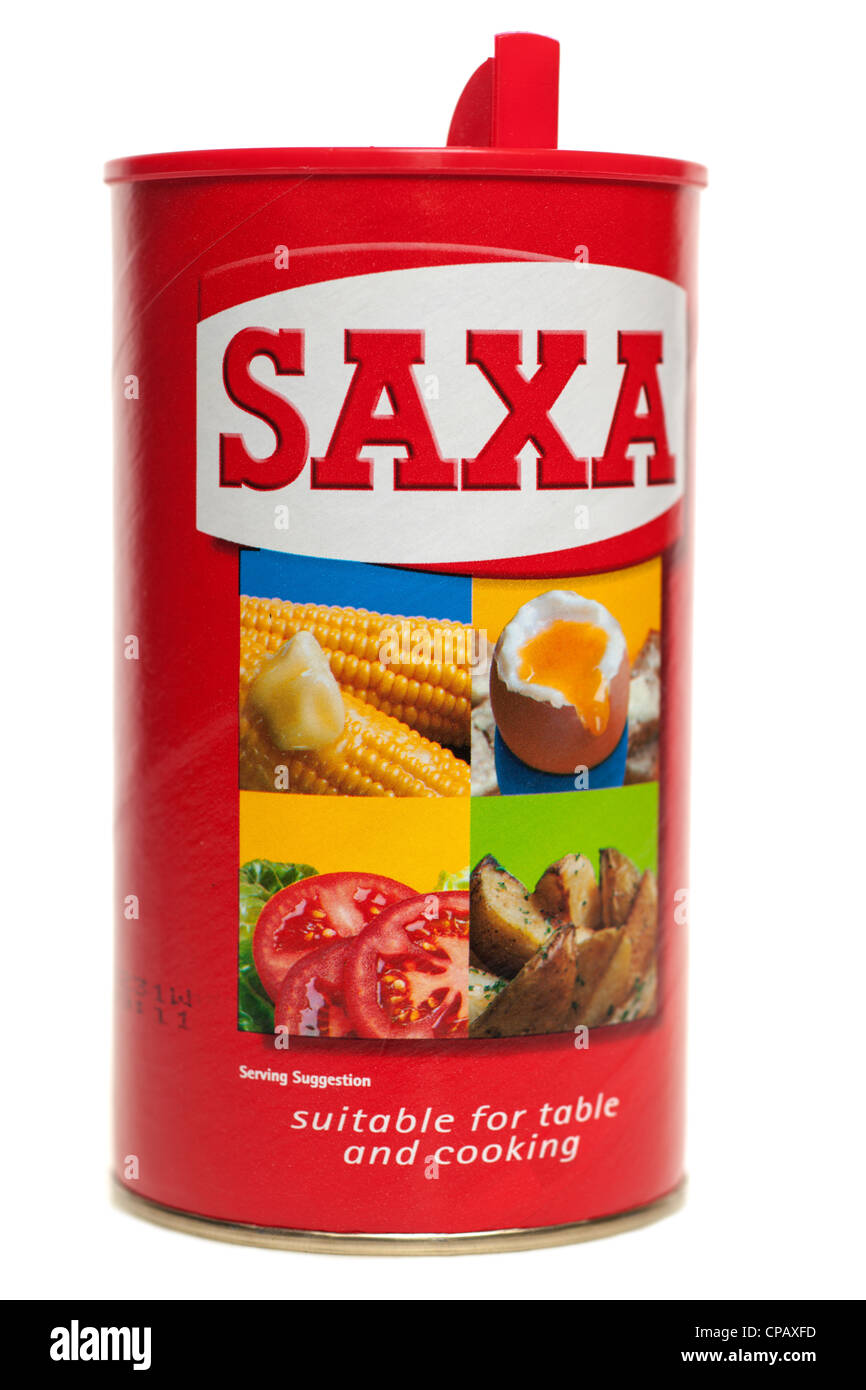 Container of Saxa table salt Stock Photo