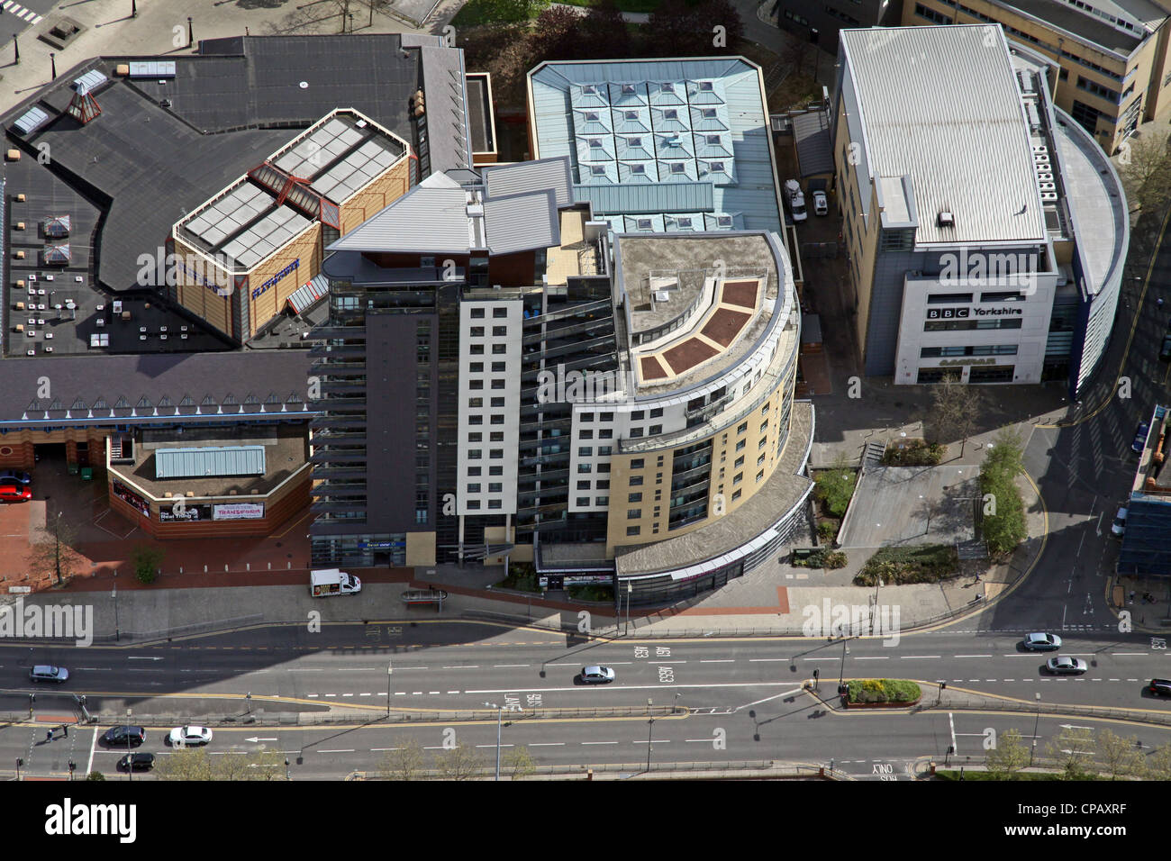 aerial view of St Peters Street , Skyline Apartments, Playhouse, Leeds City Centre Stock Photo