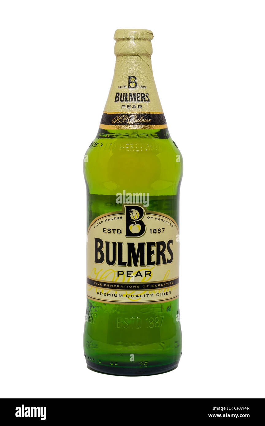 A bottle of Bulmers Pear Cider on a white background Stock Photo