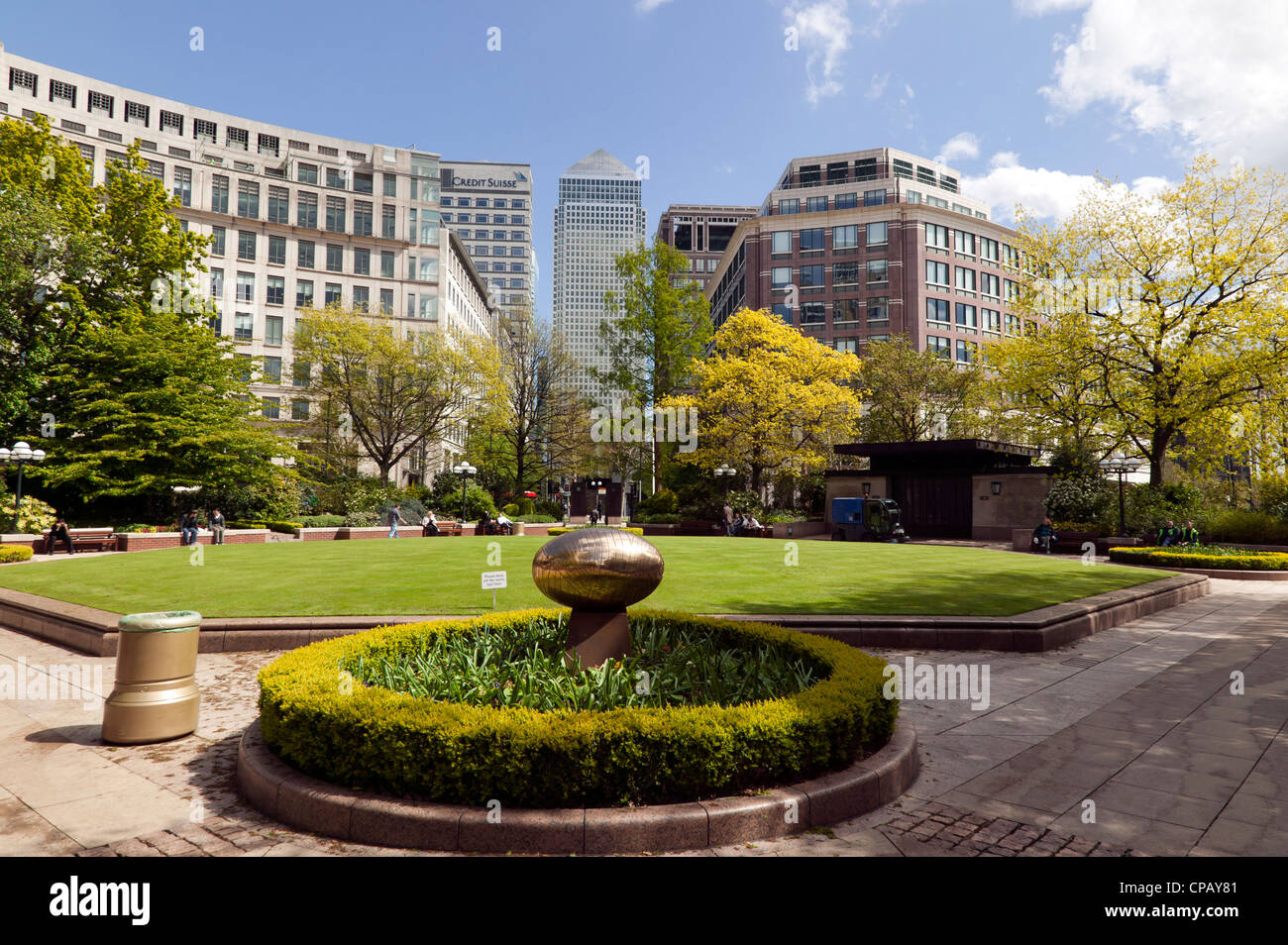 A view of Westferry Circus, looking towards One Canda Place, Canary Wharf Business District, London. Stock Photo
