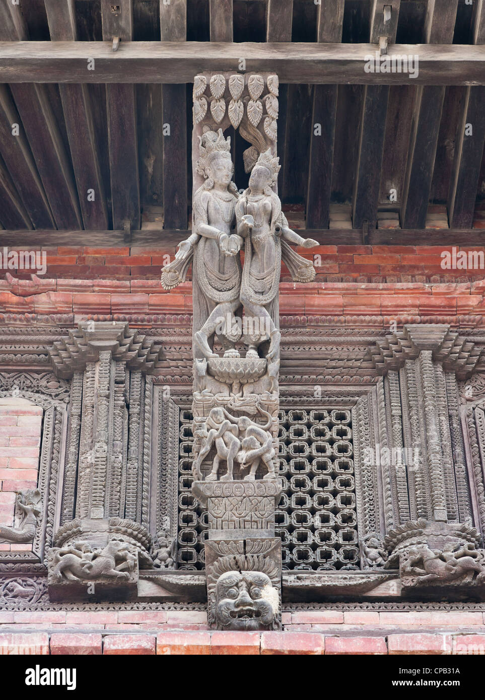 Kathmandu - Durbar Square - ancient woodwork with Kamasutra details. Stock Photo