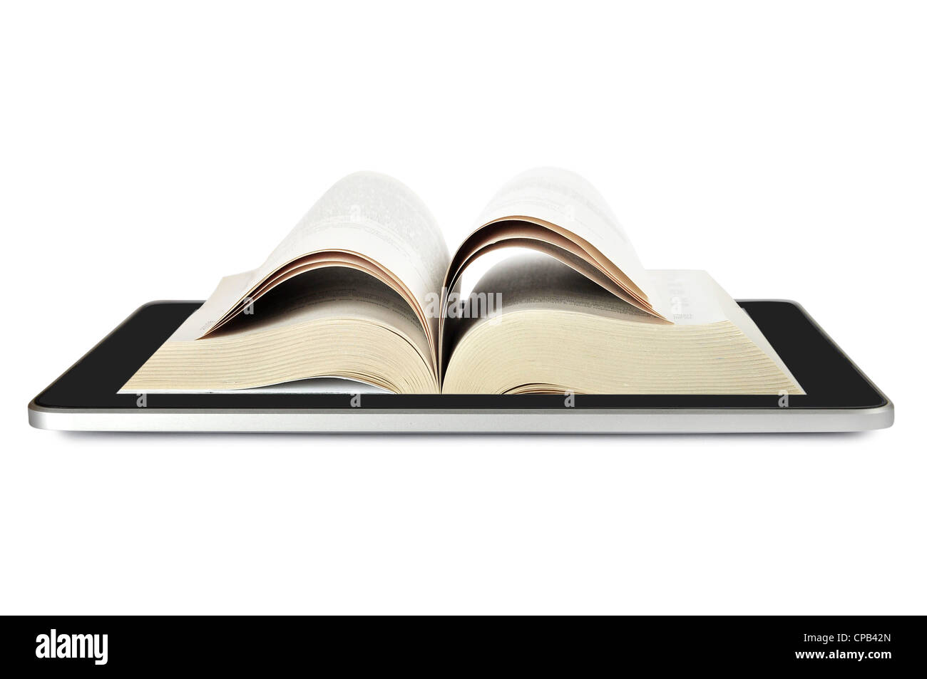 Book and tablet computer model isolated on white, digital library concept, Objects with Clipping Paths. Stock Photo