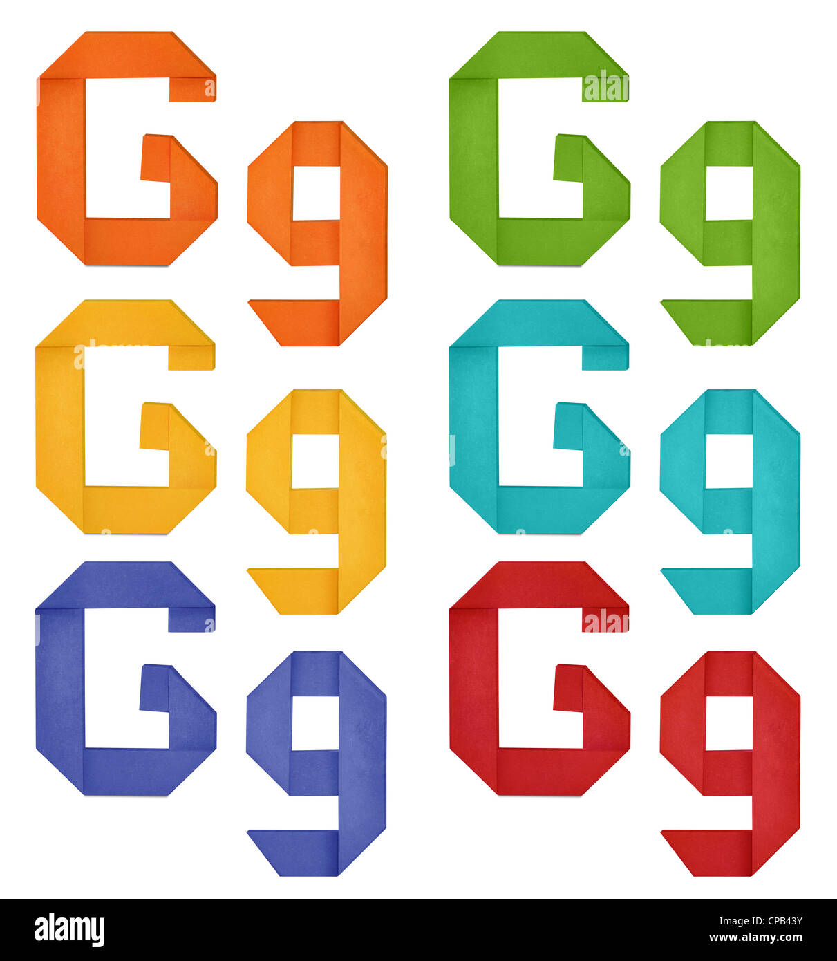Set of capital letter and lowercase letter 'G' in various color. Origami alphabet letter on white background. Stock Photo
