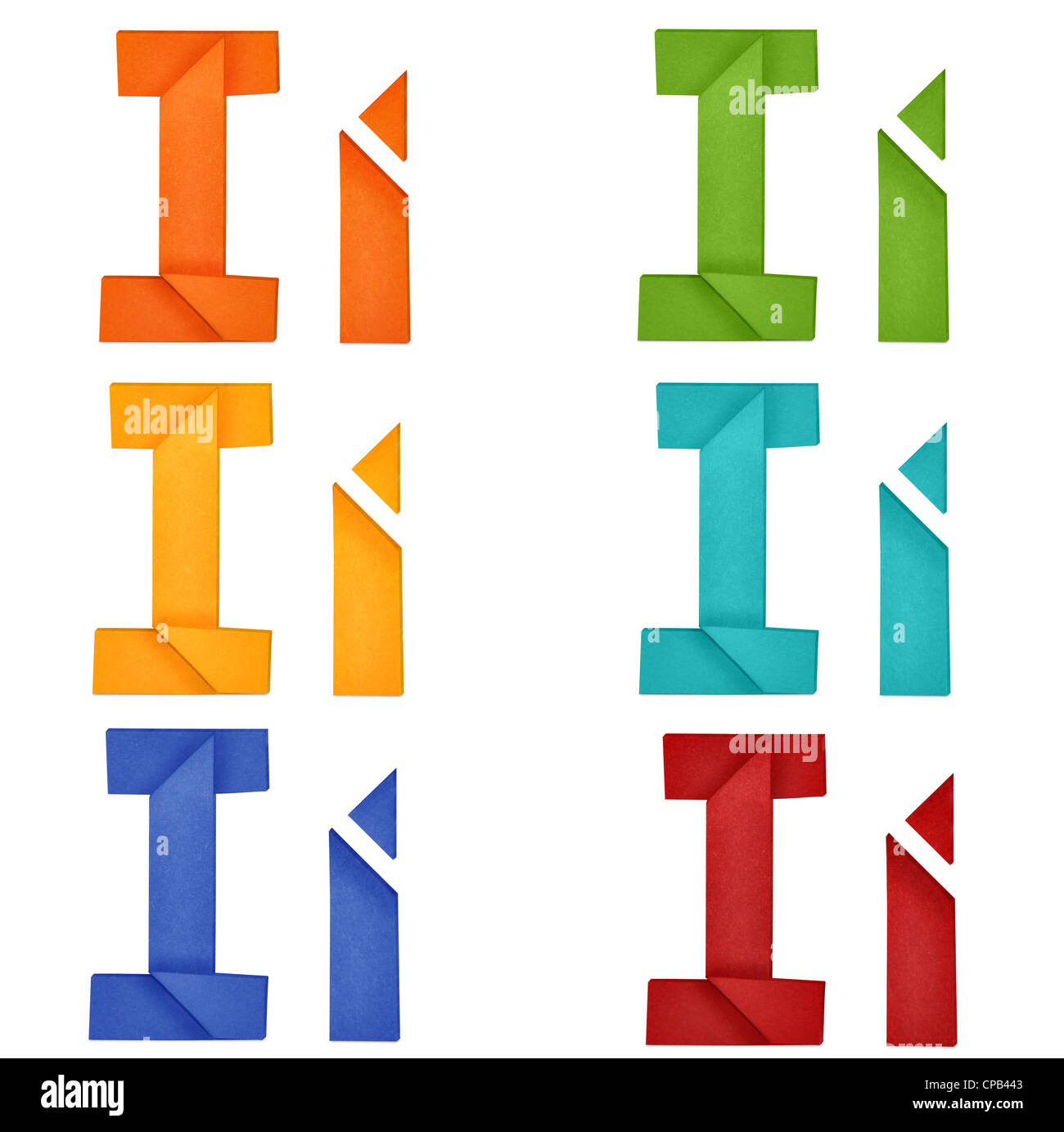 Set of capital letter and lowercase letter 'I' in various color. Origami alphabet letter on white background. Stock Photo