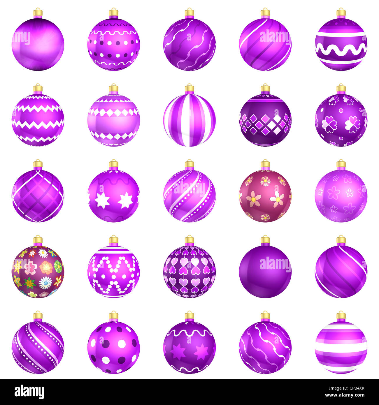 Christmas baubles big pack 25, violet color on white background Stock Photo