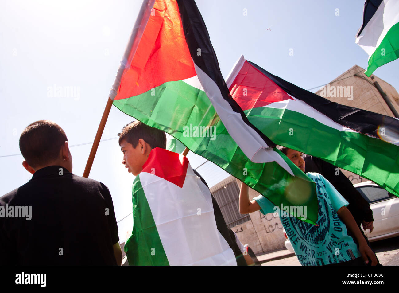 Palestinian youth wave flags while protesting the confiscation of land