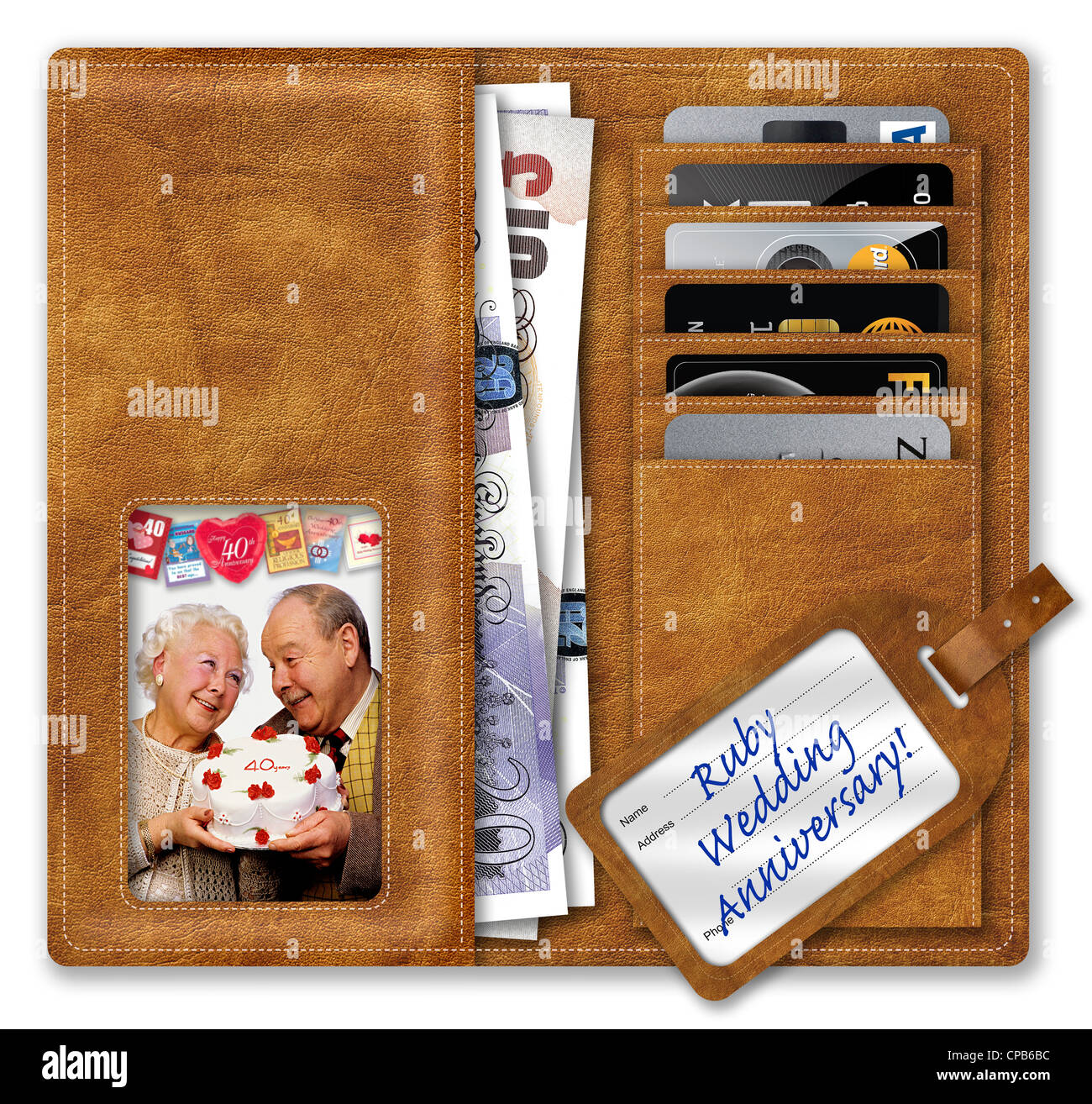 Wallet containing UK Sterling/Pounds and credit cards, with picture of elderly couple, and Ruby Wedding Anniversary! luggage lab Stock Photo