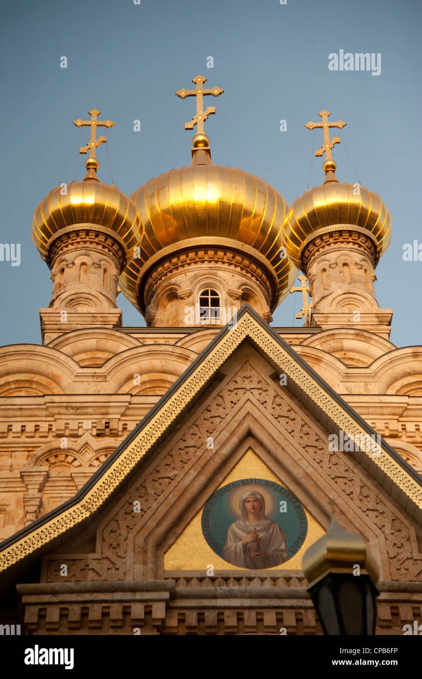 The golden onion domes of the Russian Orthodox Church of Mary Magdalene in Garden of Gethsemane