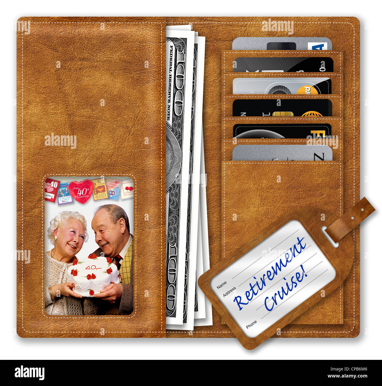 Wallet containing US Dollars and credit cards, with picture of elderly couple, and Retirement Cruise! luggage label. Stock Photo