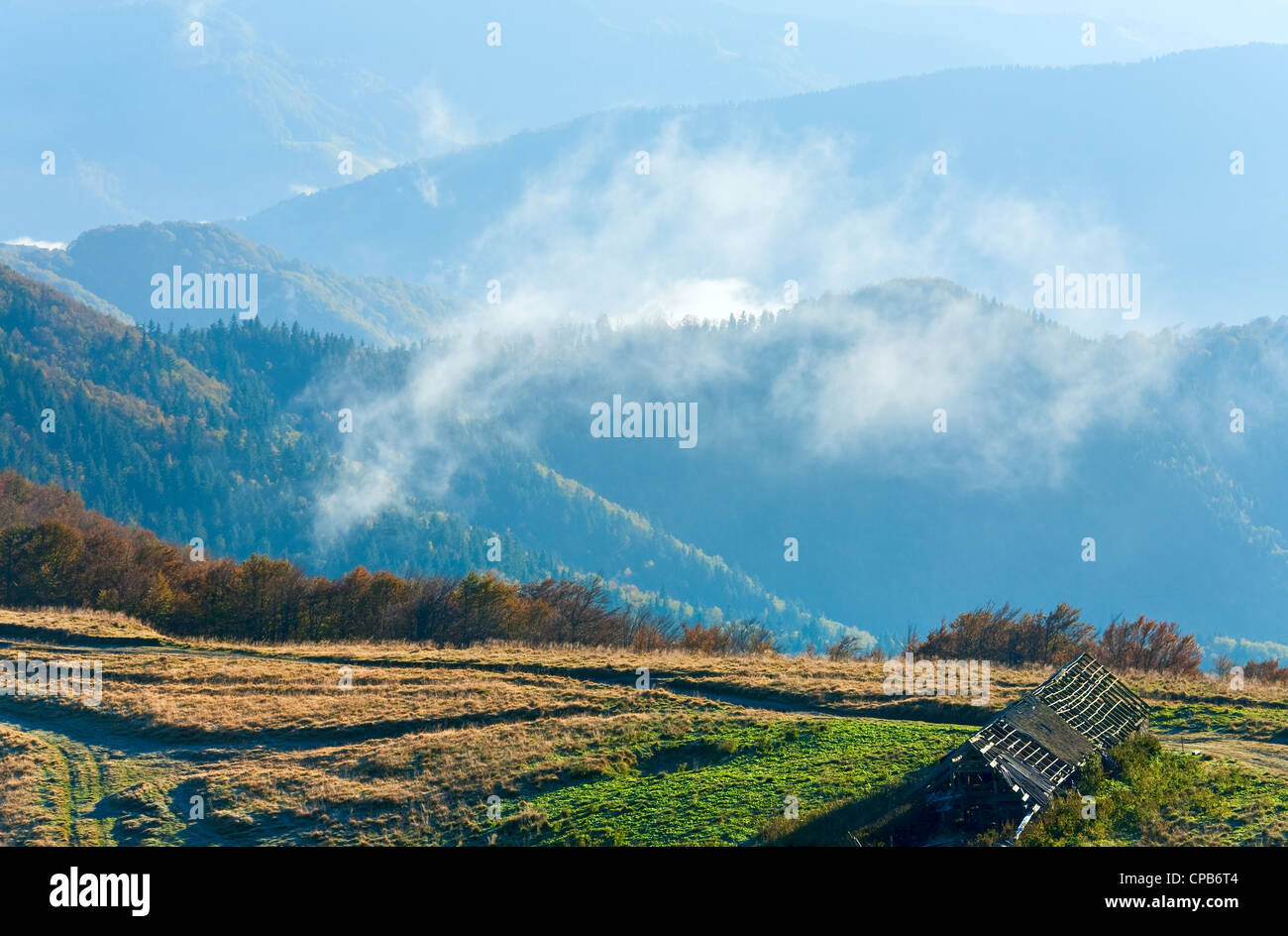 Morning misty autumn mountain landscape (Carpathian, Ukraine Stock ...