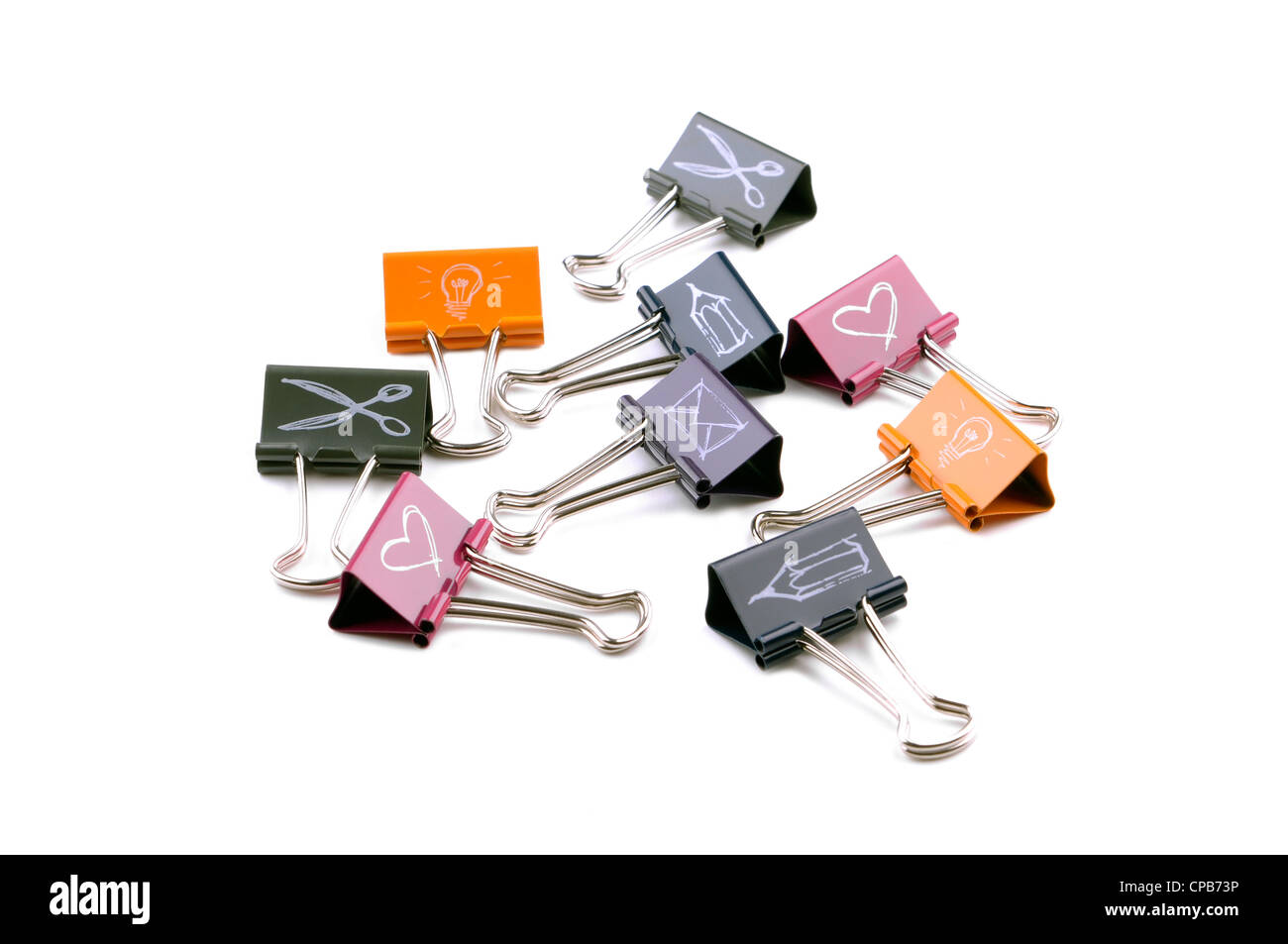 colored paper clips with the drawings, on white Stock Photo