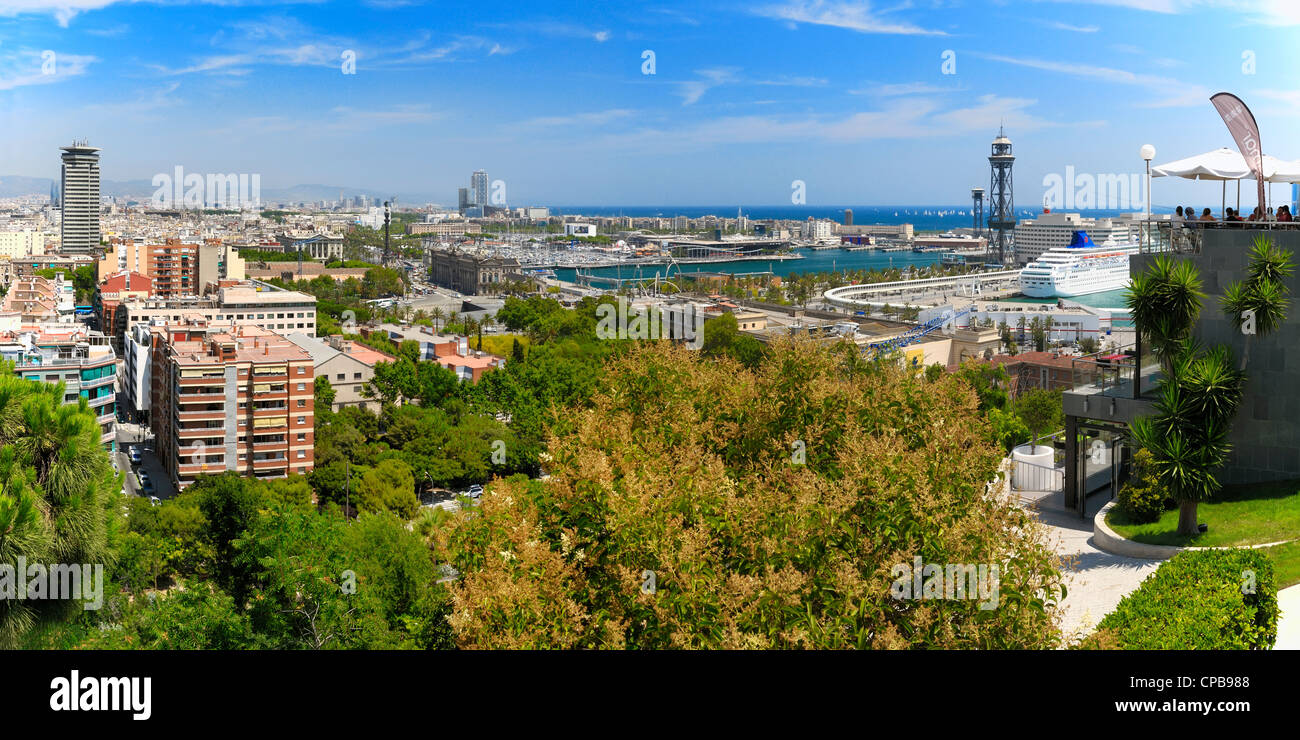 View from Mount Montjuïc toward Port Vell and Becelonetta in Barcelona, Spain, Europe. Stock Photo