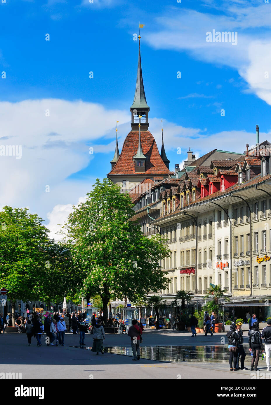 The south side of the Baerenplatz (Bear Plaza) near the capitol building in the city of Bern, Switzerland. Stock Photo